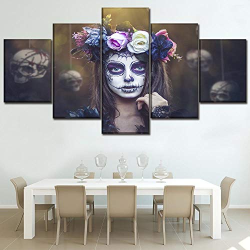 MSDEWLH 5 Lienzo Arte De La Pared Decoración del Hogar Marco De Dormitorio Artístico Calavera De Azúcar Mujer Y Guirnalda Imágenes HD Impresiones Cartel-12x16in 12x24in 12x32in