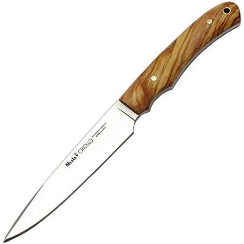 Muela Cuchillo criollo CRIOLLO-14.OL con Hoja de Acero Inoxidable MoVa de 13,5 cm y empuñadura de Madera de Olivo para Caza, Pesca, Supervivencia y Bushcraft + Portabotellas de Regalo