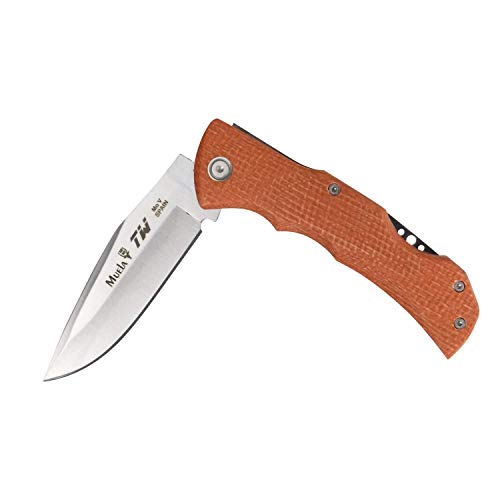 Muela Navaja Deportiva TW-8.O con Hoja de Acero MoVa de 8,3 cm y empuñadura de micarta Yute Naranja de 10,7 cm para Caza, Supervivencia y Bushcraft + Portabotellas de Regalo