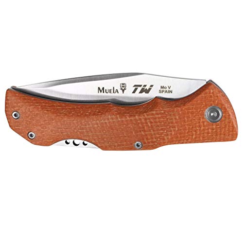 Muela Navaja Deportiva TW-8.O con Hoja de Acero MoVa de 8,3 cm y empuñadura de micarta Yute Naranja de 10,7 cm para Caza, Supervivencia y Bushcraft + Portabotellas de Regalo
