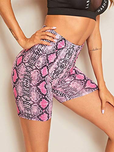 Mujer Pantalones Cortos de Motociclista Elásticos Ajustados, Neón Brillante de Cintura Alta Pantalones Cortos Calientes Atractivos Leggings Active Gym Workout Yoga (H Serpentina Rosa, M)