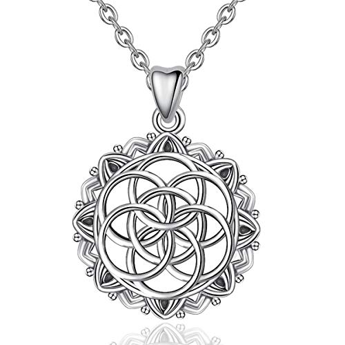 Mujeres Collares de Flor de La Vida, Plata de ley 925 Geometría Sagrada Colgante Semilla de la Vida, Collar de yoga 46CM Cadena, Joyas Espirituales de CELESTIA, Bautizo Regalos para Ninas