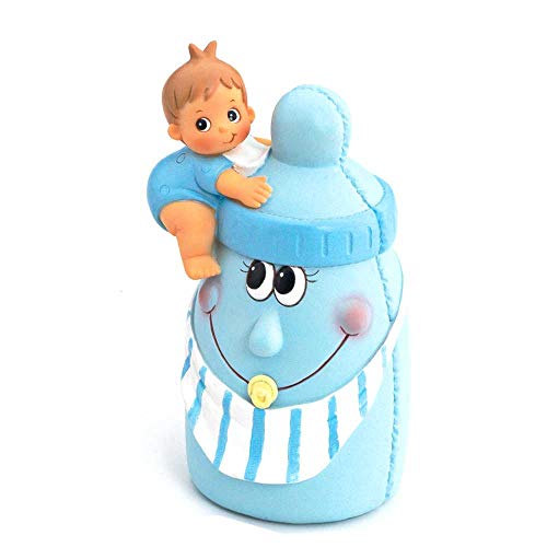 Muñeco-hucha para la tarta de Bautizo o babyshower, niño sobre biberón en azul. Figura o muñecos para la tarta Bebé