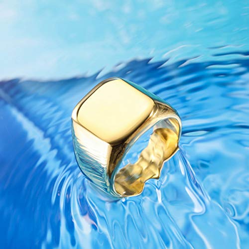 MunkiMix Anillo de Sello para Hombres Mujeres Niños 316l Anillos para Hombre Resistentes al Agua Estilo Cuadrado de Acero Inoxidable, Paquete con ajustadores de tamaño de Anillo (Oro Color, Talla T)