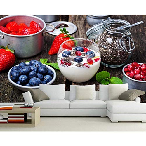 Mural pared  Yogur Fresa Arándanos Tablones de madera comida Mural de papel tapiz 3d para sala de estar cocina restaurante cafetería bar-300cmx210cm