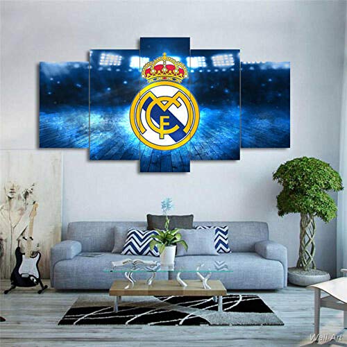 Murosn 5 Piezas Imagen Hogar Oficina Creativo Grande Formato Cuadros En Lienzo Moderno Pintura Decorativa Regalo Real Madrid 150x80cm-Marco