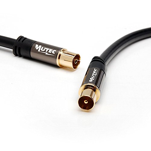MutecPower 2m de Cable para TV/AV Antena coaxial Macho a Hembra coaxial Pair - HDTV/Full HD con Oro Conectores y Tapas de Metal Plateado - 2 Metros Negro