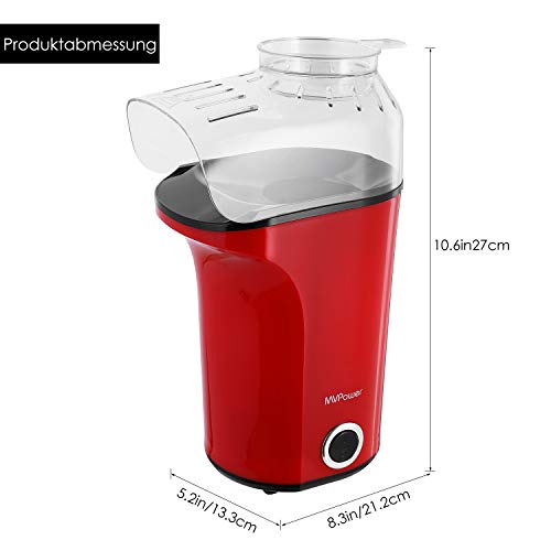 MVPower Máquina de Palomitas, 1400W, Gran Capacidad, Rápida, Fabricante Automática de Palomitas, Aire Caliente Potente sin Aceite, Rojo, sin BPA, para el Hogar