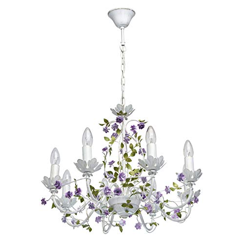 MW-Light 421014308 Lámpara de Techo Con 8 Brazos Flores Velas de Hierro Forjado Color Violeta Verde Blanco 8 x 40W E14