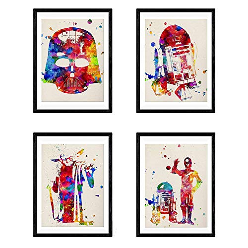 Nacnic Set de 4 láminas para enmarcar Star Wars Estilo Acuarela. Posters con imágenes de la Guerra de Las Galaxias. Decoración de hogar. Papel 250 Gramos Llena de Estilo tu casa