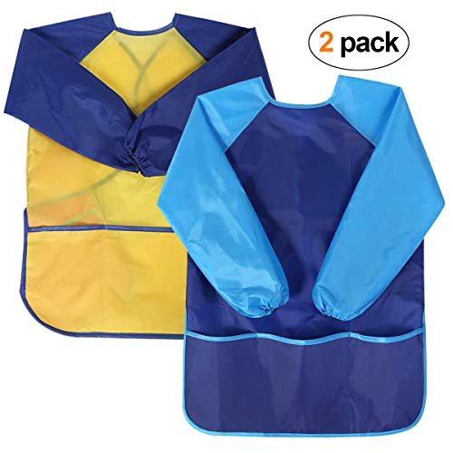 Natuce 2pcs Delantal Infantil Pintura Impermeable Delantales de Niño, Blusón Delantal Babero de Mangas Larga y 3 Bolsillos para Artes y Manualidades, Pintura, Cocina 3-7Años (Amarillo + Azul)