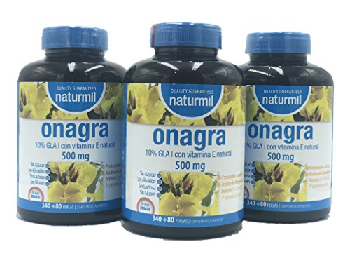 NATURMIL Aceite de Onagra 500 MG, 420 perlas, Con vitamina E, sin gluten, sin lactosa, sin azúcar, sin almidón, libre OGM, 10% gla