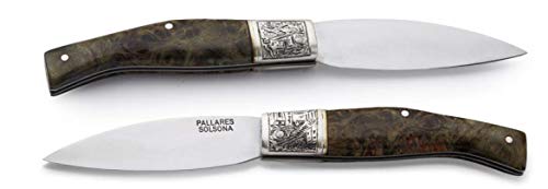 Navaja Pallarès autentica Busa Nº0 8 cm madera estabilizada blanco con virola de plata acero carbono para Caza, Pesca, Supervivencia y Bushcraft. Hecho en Pallarès + Portabotellas de regalo