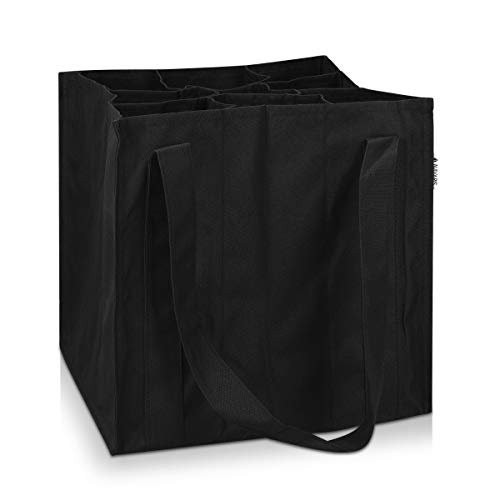 Navaris Bolsa portabotellas con 9 Compartimentos - Porta Botellas Plegable con 2X asa - Bolso botellero para Transporte de Vino Cerveza Agua - Negro