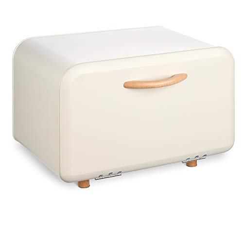 Navaris Caja para Pan de Metal- Panera Vintage para la Cocina - Caja con diseño Retro para Guardar Pan - Contenedor con Tapa y asa de Madera - Crema