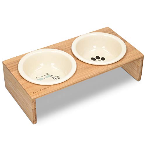 Navaris Comedero y Bebedero para Mascota - 2X Bol Elevado para Perros Gatos - Comedero Doble de cerámica - Boles con Soporte Antideslizante de bambú