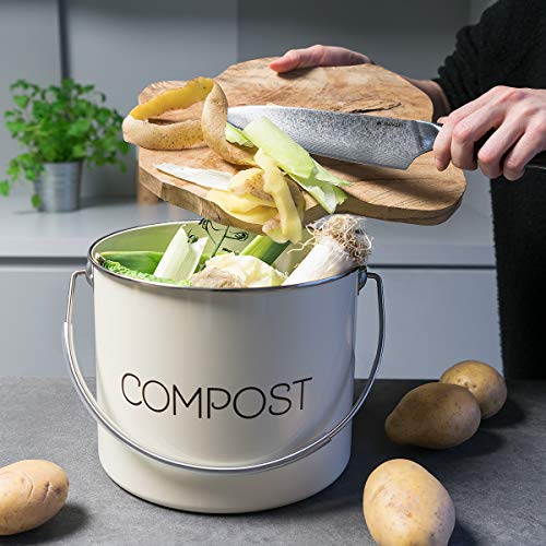 Navaris Cubo de Metal para Compost - Contenedor de Basura orgánica con Tapa y Filtro - 21.5 x 23.2 CM - Compostera Vintage para la Cocina de 5 L