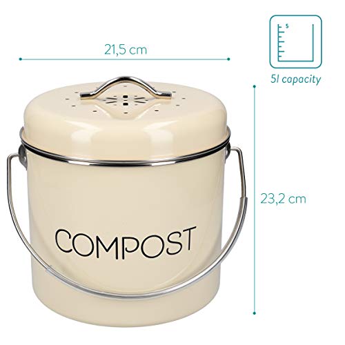 Navaris Cubo de Metal para Compost - Contenedor de Basura orgánica con Tapa y Filtro - 21.5 x 23.2 CM - Compostera Vintage para la Cocina de 5 L