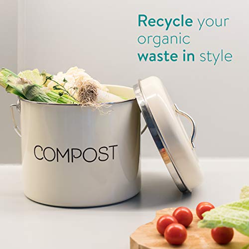 Navaris Cubo de Metal para Compost - Contenedor de Basura orgánica con Tapa y Filtro - 21.5 x 23.2 CM - Compostera Vintage para la Cocina de 5 L