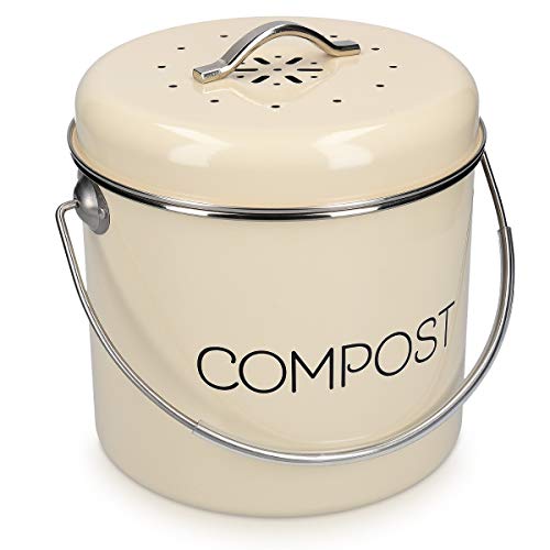 Navaris Cubo de Metal para Compost - Contenedor de Basura orgánica con Tapa y Filtro - 21.5 x 23.2 CM - Compostera Vintage para la Cocina de 5 L