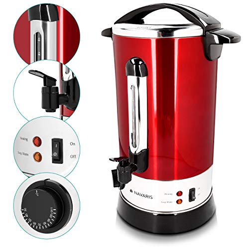Navaris Hervidor de agua eléctrico de 10L con grifo - Dispensador de bebidas calientes con termostato - Olla eléctrica para té café y vino - rojo