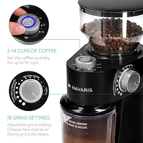 Navaris Molinillo de café eléctrico - Molino Regulable de Granos de café Semillas Frutos Secos o Especias - Moledor Profesional para hasta 14 Tazas