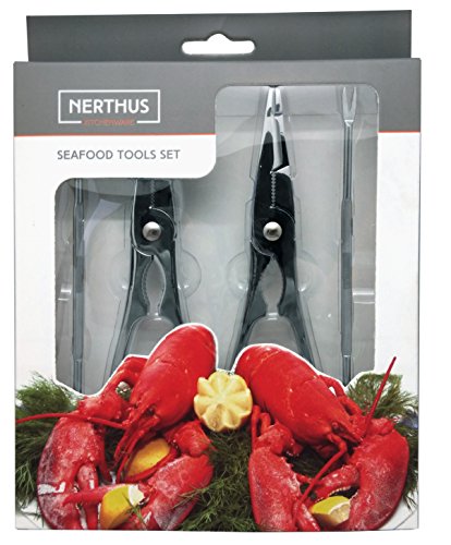 NERTHUS FIH 259 - Set de utensilios de marisco de Acero Inoxidable, dos tenazas y cuatro pinchos
