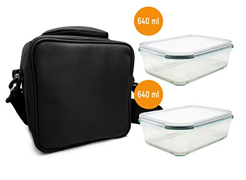 NERTHUS Lunch Bag Fiambrera bolsa termica porta alimentos, negra + 2 tupper, Tela Resistente, Con 2 Herméticos Cristal, Con 2 Tuppers Cristal