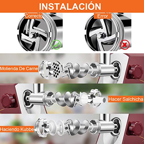 Nestling® Multifunción Doméstica y ComercialPicadora de 400 W Carne Eléctrica y Embutidora de Salchichas, con Accesorio de Kibbe Placas de Molienda,Motor de Cobre, Acero Inoxidable - Rojo