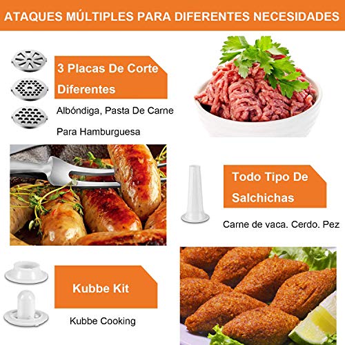 Nestling® Multifunción Doméstica y ComercialPicadora de 400 W Carne Eléctrica y Embutidora de Salchichas, con Accesorio de Kibbe Placas de Molienda,Motor de Cobre, Acero Inoxidable - Rojo