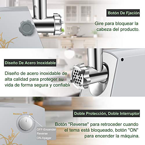 Nestling® Multifunción Doméstica y ComercialPicadora de Carne Eléctrica y Embutidora de Salchichas, con Accesorio de Kibbe Placas de Molienda,Motor de Cobre, Acero Inoxidable
