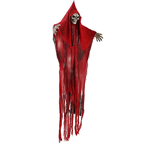 New_Soul - Esqueleto colgante de Halloween de 180 cm, diseño de calavera espeluznante, cabeza encantada, patio, fiesta colgante de miedo, decoración de Halloween, color amarillo (rojo)