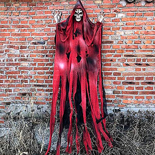 New_Soul - Esqueleto colgante de Halloween de 180 cm, diseño de calavera espeluznante, cabeza encantada, patio, fiesta colgante de miedo, decoración de Halloween, color amarillo (rojo)