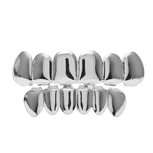 NICEWL Hombres Mujeres Hip Hop Dientes Braces,18K Cobre Oro Plateado Grillz Dientes Decoración Joyería,6 Dientes de Oro Dientes Dental Asador - 6 Superior, 6 Conjunto Inferior,Plata
