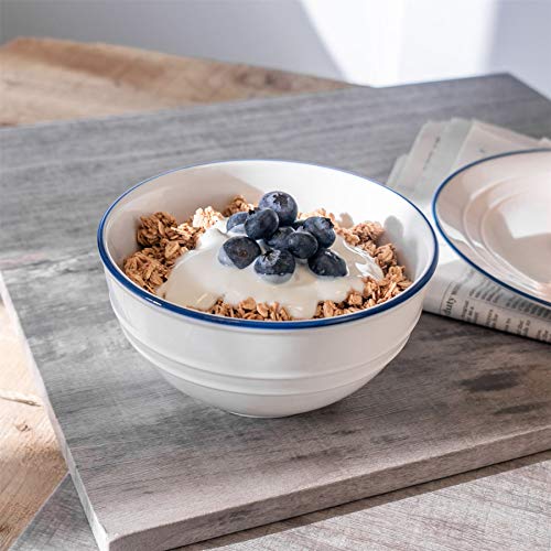 Nicola Spring Bol para Postre y Cereales - Estilo rústico - Blanco/Azul - 15 cm - Pack de 6