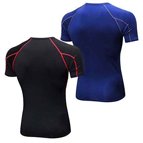 Niksa 2 Piezas Camisetas de Fitness Compresión Ropa Deportiva Manga Corta Hombre para Correr, Ejercicio,Gimnasio Negro Rojo+Azul Marino 1053(XXL)