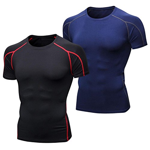 Niksa 2 Piezas Camisetas de Fitness Compresión Ropa Deportiva Manga Corta Hombre para Correr, Ejercicio,Gimnasio Negro Rojo+Azul Marino 1053(XXL)