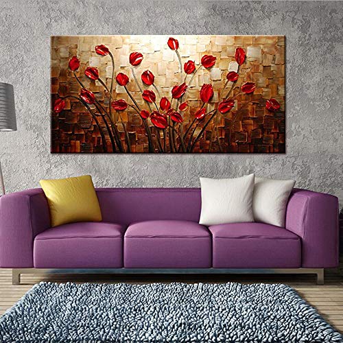 NIMCG Decoración de la Pared del hogar Textura tonificación Flor roja Pintura al óleo Abstracta Moderna Lienzo Arte de la Pared Sala de Estar decoración Imagen (sin Marco) A1 60x120 CM
