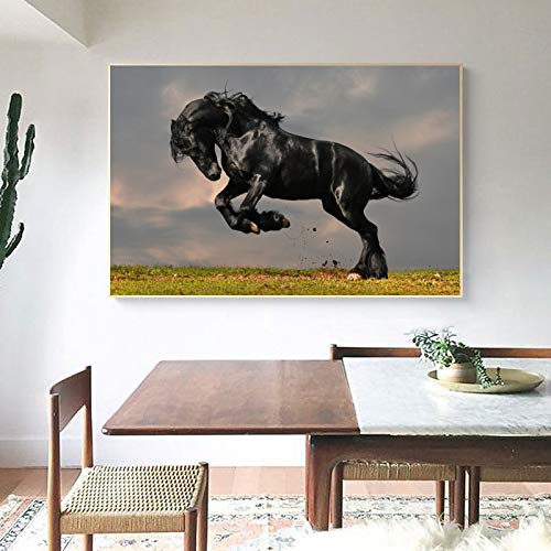 NIMCG Hermoso Caballo Negro póster impresión Mural Arte Lienzo Pintura Salto Hermoso Caballo Negro Cuadro para Sala de Estar decoración del hogar (sin Marco) 60x80 cm