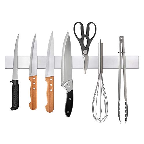 Ninonly Barra Magnética para Cuchillos, 40cm Portacuchillas Magnético de Acero Inoxidable Soporte para Cuchillos de Cocina, Soporte Magnético de Cuchillos, Montaje en Pared con Banda Adhesiva