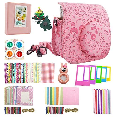 Nishow Camera Accessories for Fujifilm Instax Mini 7/8 or Mini 9 Include Camera Case/Album/Selfie Lens/Colored Filters/Wall Hang Frames/Film Frames/Border Stickers/Corner Stickers-Moc Pink …