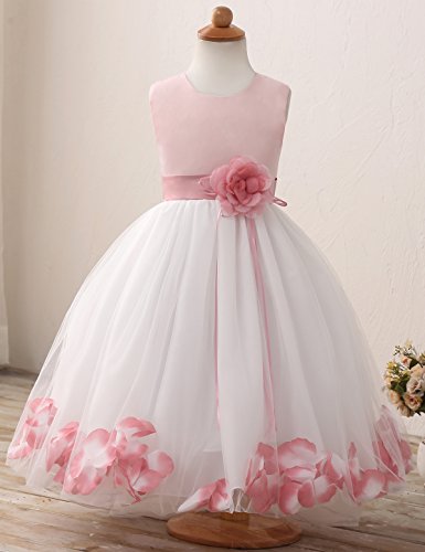 NNJXD Girl Flower Petal Bowknot Bautizo Vestido de Fiesta de la Dama de Honor de la Boda Talla (150) 7-8 años Rosa