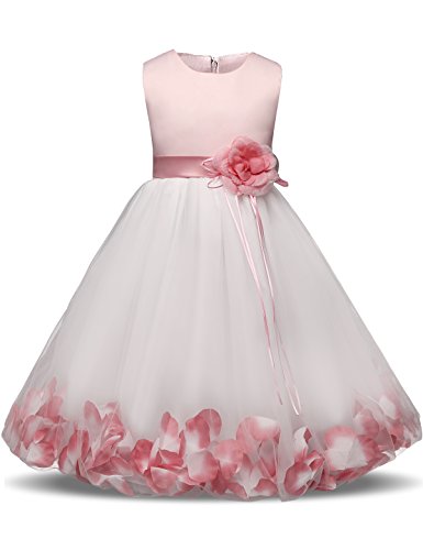 NNJXD Girl Flower Petal Bowknot Bautizo Vestido de Fiesta de la Dama de Honor de la Boda Talla (150) 7-8 años Rosa