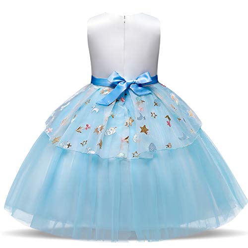 NNJXD Vestido de Unicornio para niñas Fiesta de Apliques de Flores Cosplay Disfraz de Halloween + Gorros Tamaño (110) 3-4 años Azul
