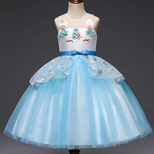NNJXD Vestido de Unicornio para niñas Fiesta de Apliques de Flores Cosplay Disfraz de Halloween + Gorros Tamaño (110) 3-4 años Azul