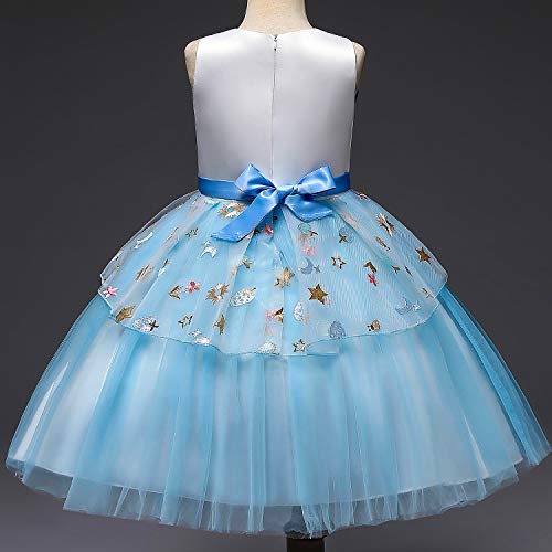 NNJXD Vestido de Unicornio para niñas Fiesta de Apliques de Flores Cosplay Disfraz de Halloween + Gorros Tamaño (110) 3-4 años Azul