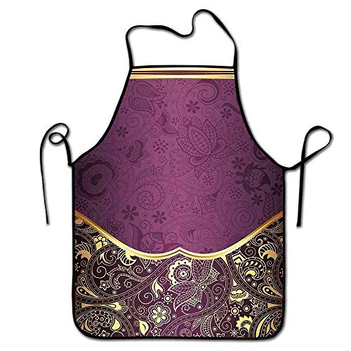 Not Applicable Delantal Oriental Cocina Marco Floral Oriental y Abstracto Swirly Delantal artístico Vintage Panadero Fucsia Antiguo Ciruela Amarilla pálida