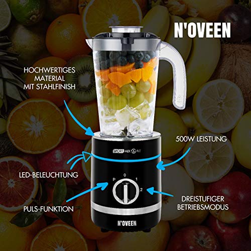 N'OVEEN Fitness Mixer Smoothie Maker, mezclador deportivo multifuncional de 500 vatios - colaciones savoureuses et riches en vitamines pour athlètes, cojo a 6 sujetadores,3 sans BPA,2x 600 ml y 300 ml