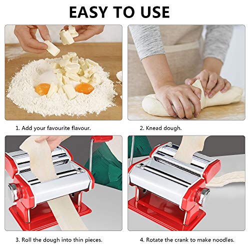 Novhome Máquina para Hacer Pasta manuale Fresca Máquina de Cortador de Acero Inoxidable para Espagueti, Tagliatelle, Fettuccine y Lasaña (Rojo, 21 x 15 x 19,5 cm)