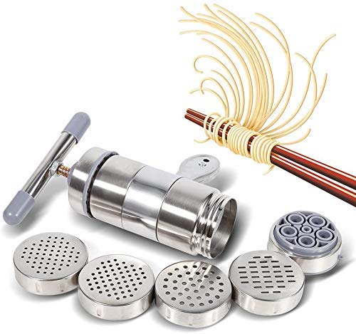 NSYNSY Fabricante de Fideos de Acero Inoxidable Prensa Manual de Fideos Herramienta de Cocina Exprimidor de Frutas y Verduras Prensa Máquina de Prensa de Pasta (1 x Fabricante + 5 x Molde)